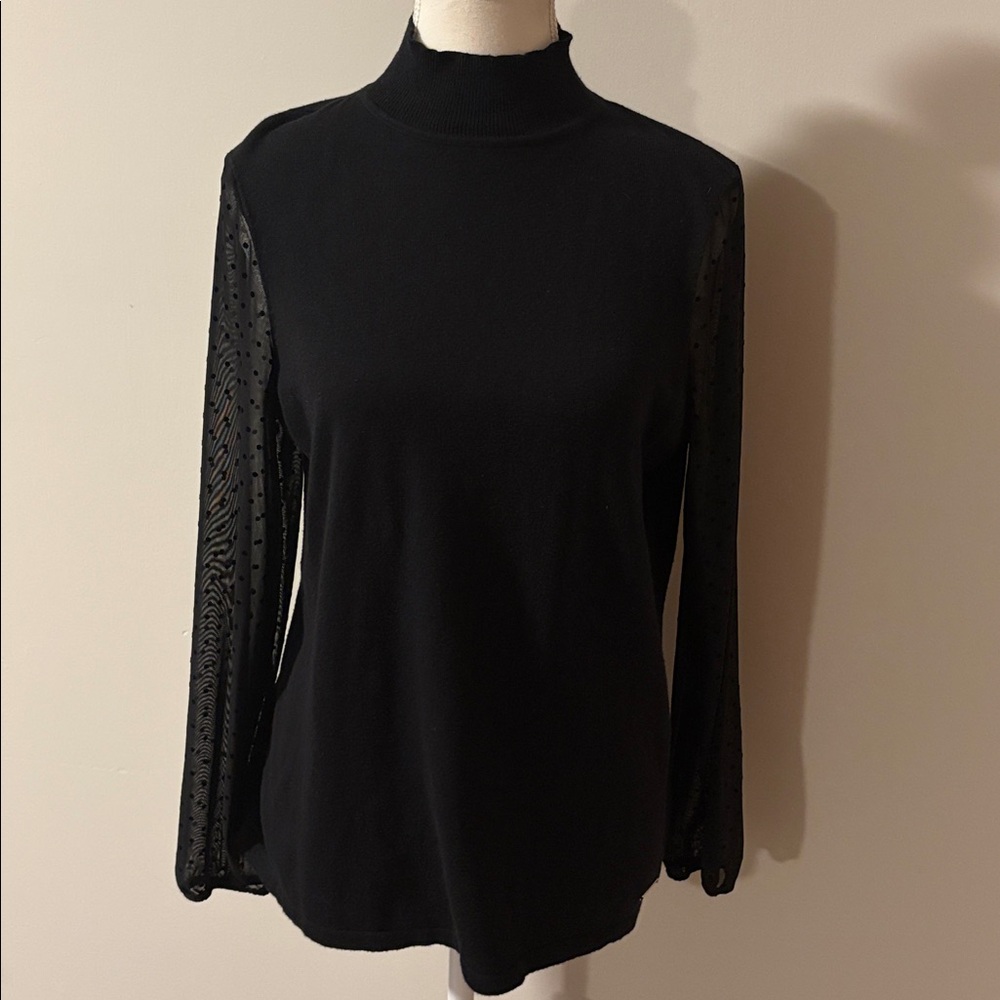 Anne Klein Black Mock Neck Knit Top with Sheer Polka Dot Sleeves. Size Medium